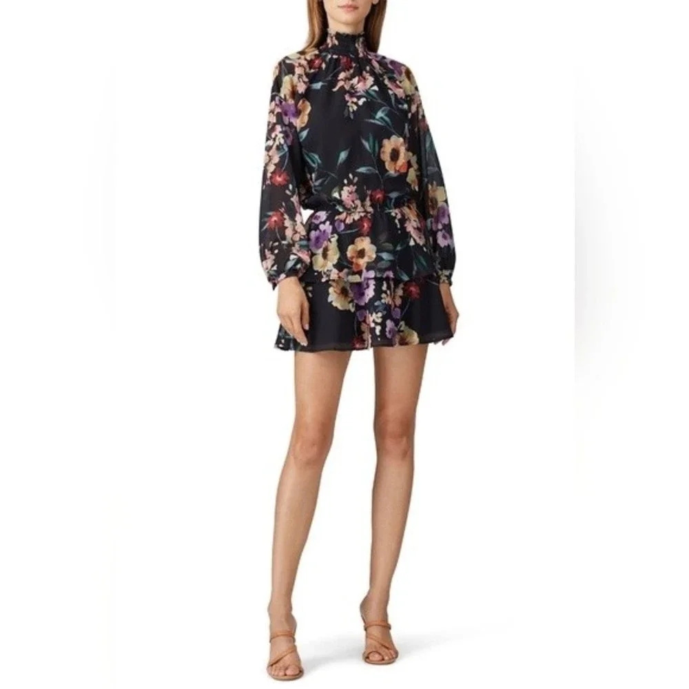 Yumi Kim Class Act Long Sleeve Floral Mock Neck Ruffle Mini Dress Black XS NWT - Picture 4 of 15